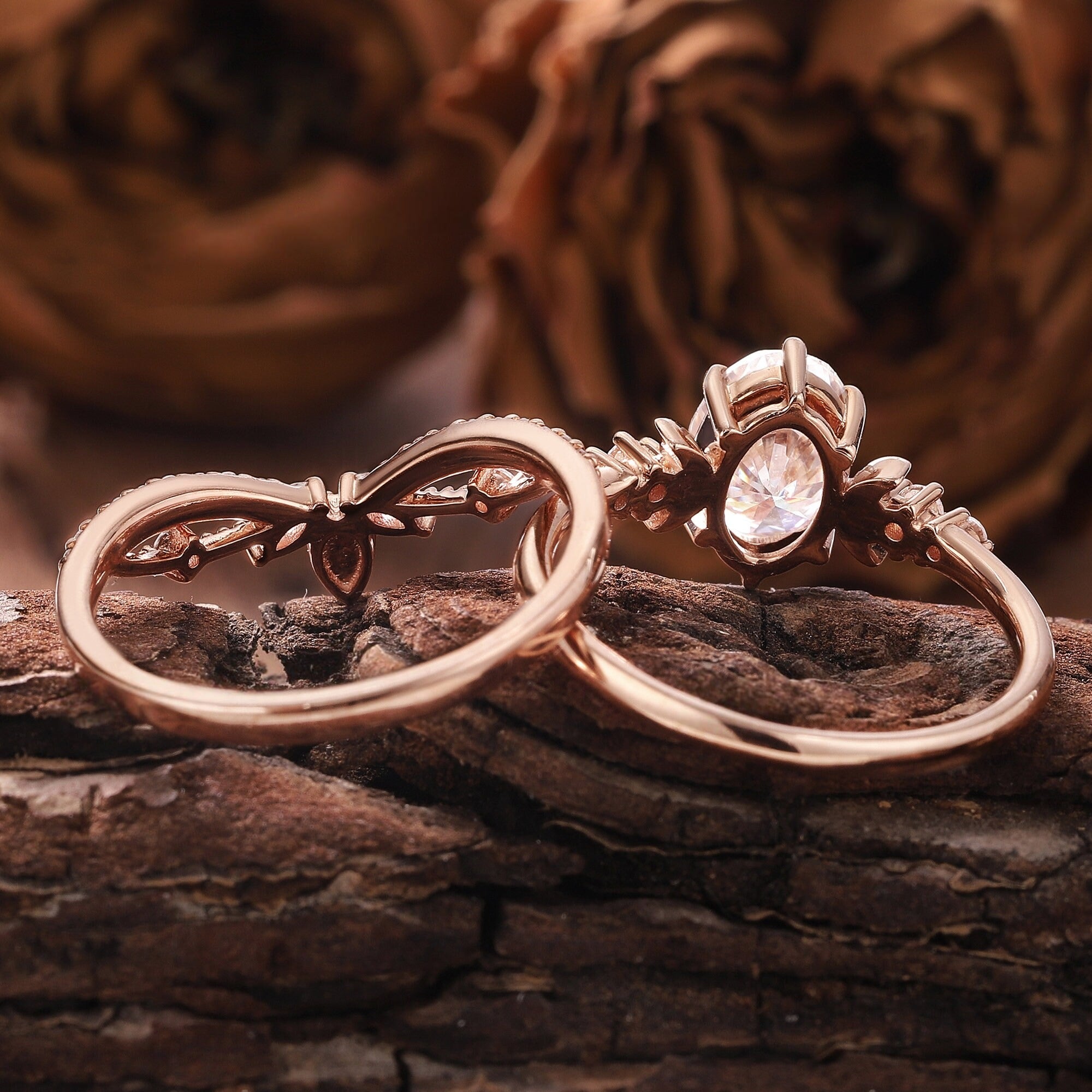 Unique Moissanite Engagement Ring Set Rose Gold Moissanite Bridal Set Vintage Moon Ring Art Deco Ring - anerjuly