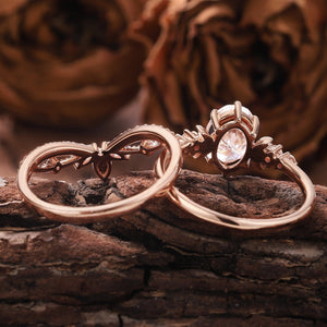 Unique Moissanite Engagement Ring Set Rose Gold Moissanite Bridal Set Vintage Moon Ring Art Deco Ring - anerjuly
