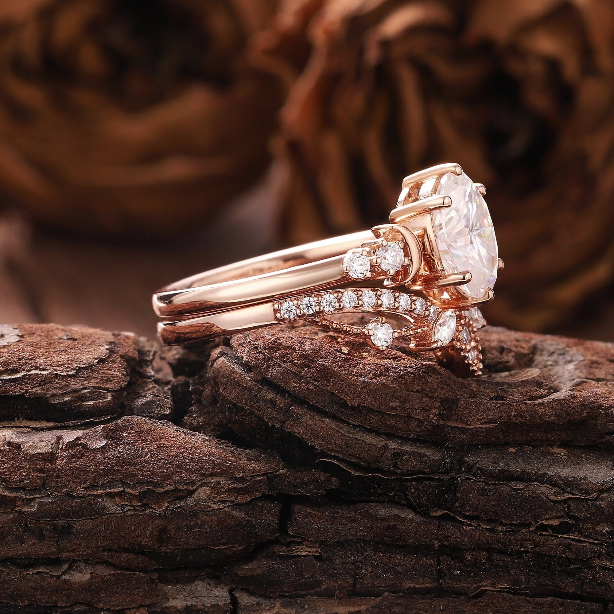 Unique Moissanite Engagement Ring Set Rose Gold Moissanite Bridal Set Vintage Moon Ring Art Deco Ring - anerjuly