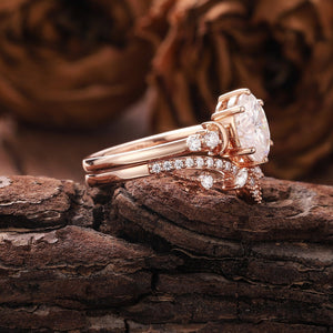 Unique Moissanite Engagement Ring Set Rose Gold Moissanite Bridal Set Vintage Moon Ring Art Deco Ring - anerjuly