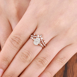 Unique Moissanite Engagement Ring Set Rose Gold Moissanite Bridal Set Vintage Moon Ring Art Deco Ring - anerjuly