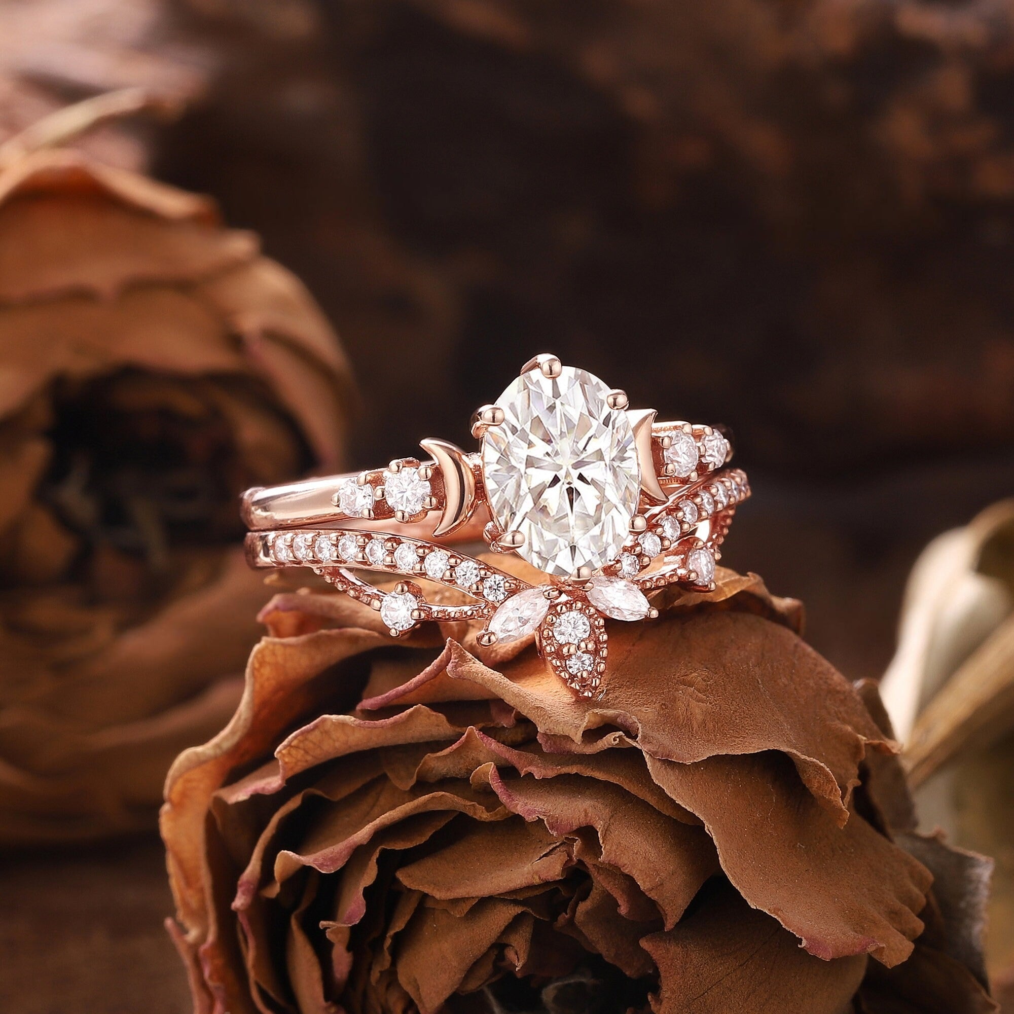 Unique Moissanite Engagement Ring Set Rose Gold Moissanite Bridal Set Vintage Moon Ring Art Deco Ring - anerjuly