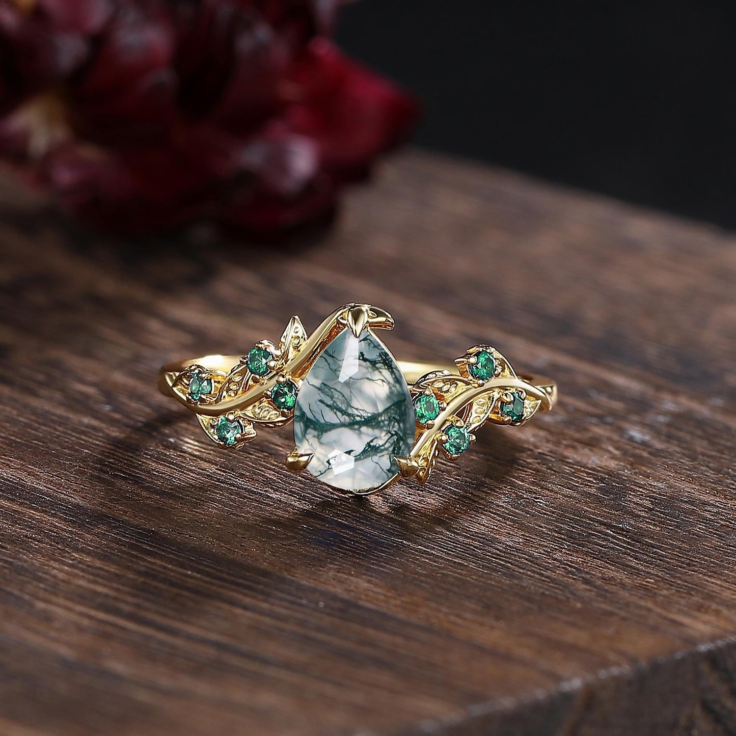 Unique Moss Agate Couple Ring Set His&Her Matching Wedding Band Moss Agate Engagement Ring Men's Emerald Tungsten Ring Emerald Bridal Ring - anerjuly