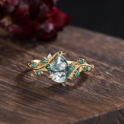 Unique Moss Agate Couple Ring Set His&Her Matching Wedding Band Moss Agate Engagement Ring Men's Emerald Tungsten Ring Emerald Bridal Ring - anerjuly