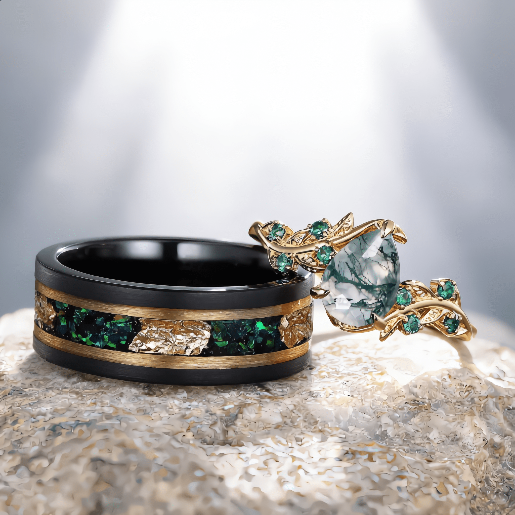 Unique Moss Agate Couple Ring Set His&Her Matching Wedding Band Moss Agate Engagement Ring Men's Emerald Tungsten Ring Emerald Bridal Ring - anerjuly