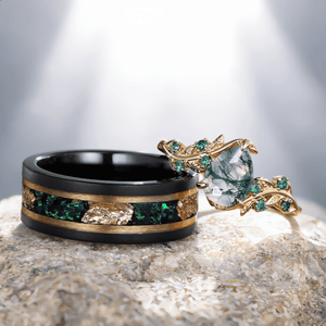 Unique Moss Agate Couple Ring Set His&Her Matching Wedding Band Moss Agate Engagement Ring Men's Emerald Tungsten Ring Emerald Bridal Ring - anerjuly