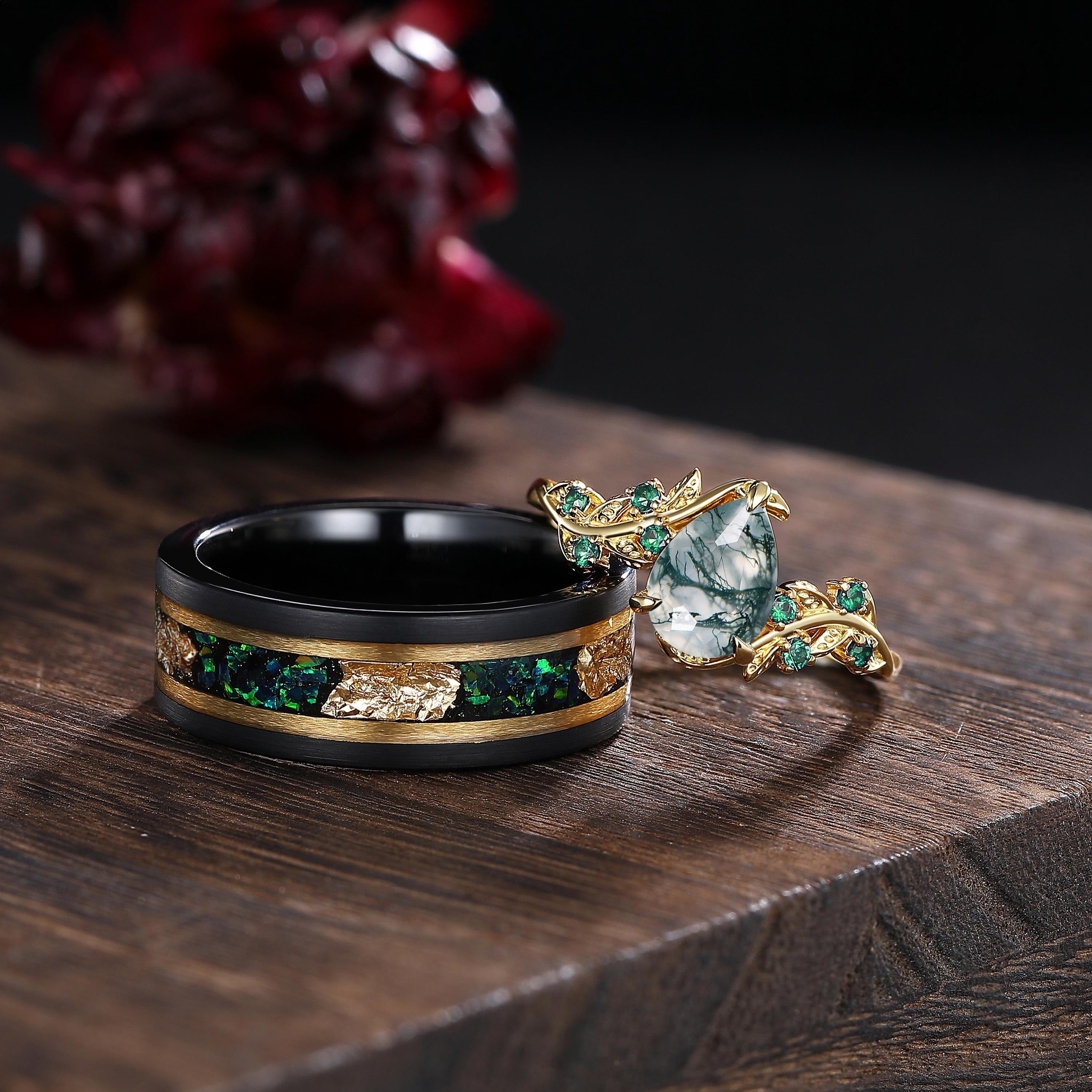 Unique Moss Agate Couple Ring Set His&Her Matching Wedding Band Moss Agate Engagement Ring Men's Emerald Tungsten Ring Emerald Bridal Ring - anerjuly