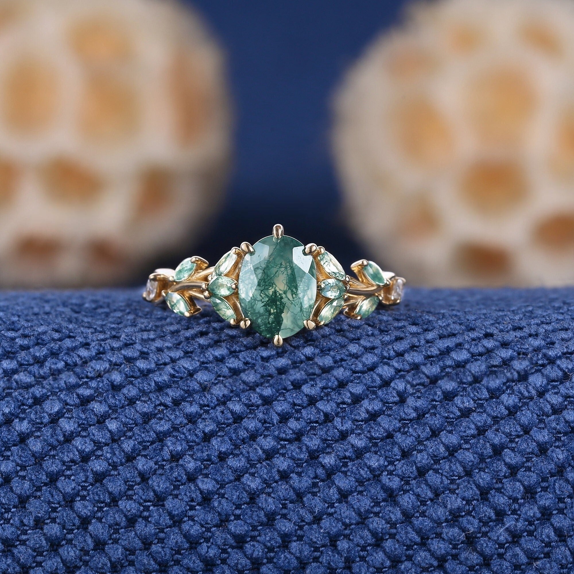 Unique Moss Agate Couple Rings Gold His & Her Matching Wedding Band Men's Tungsten Ring Leaf Design Engagement Ring - anerjuly