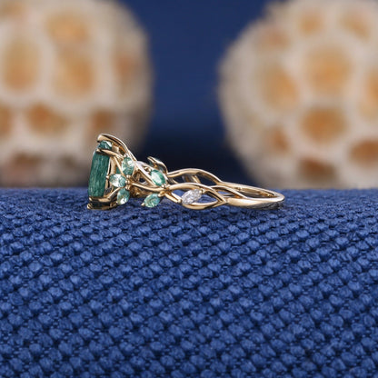 Unique Moss Agate Couple Rings Gold His & Her Matching Wedding Band Men's Tungsten Ring Leaf Design Engagement Ring - anerjuly