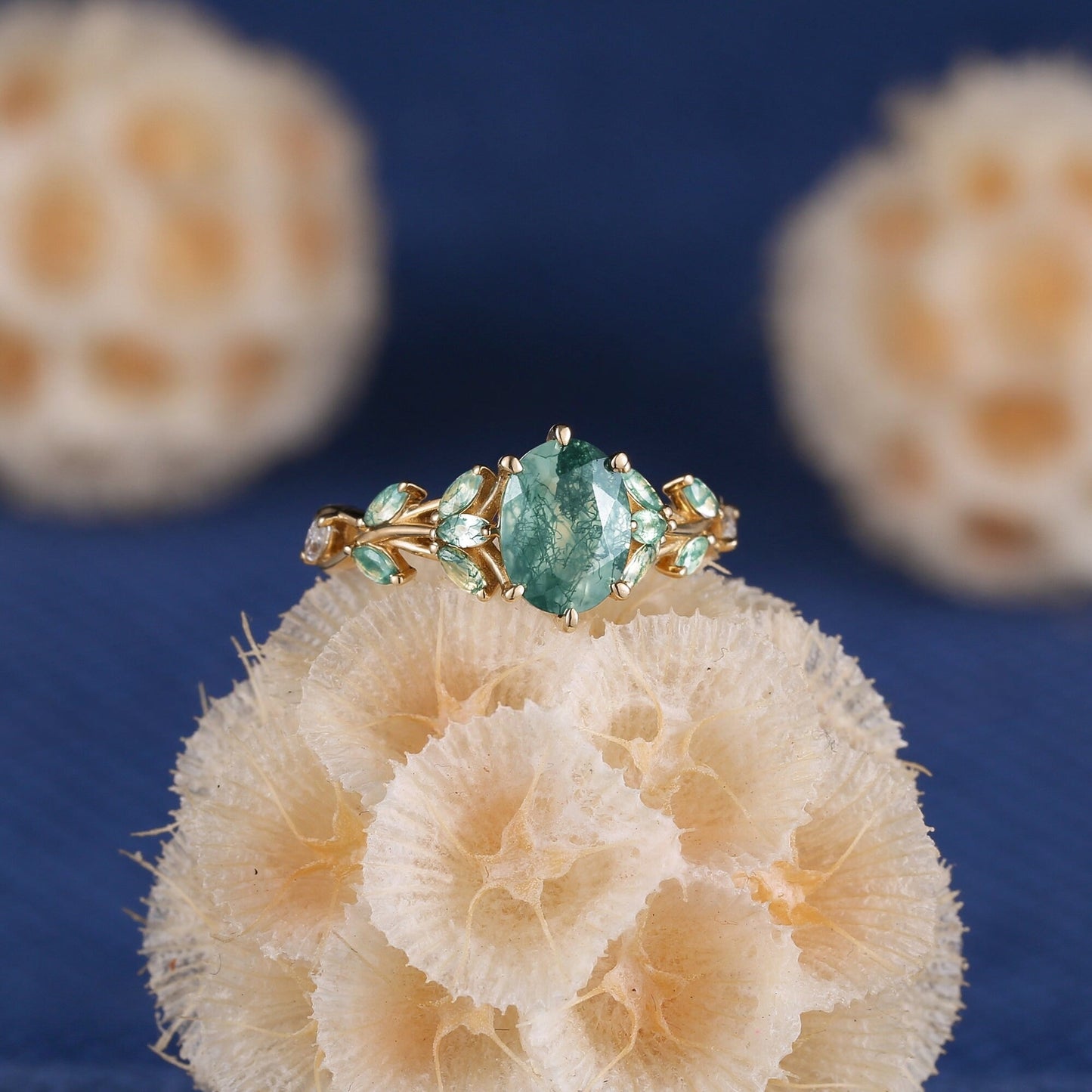 Unique Moss Agate Couple Rings Gold His & Her Matching Wedding Band Men's Tungsten Ring Leaf Design Engagement Ring - anerjuly