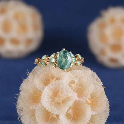 Unique Moss Agate Couple Rings Gold His & Her Matching Wedding Band Men's Tungsten Ring Leaf Design Engagement Ring - anerjuly