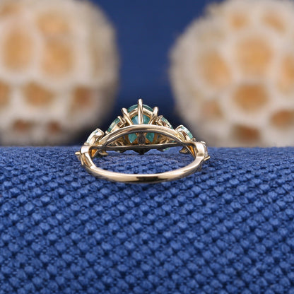 Unique Moss Agate Couple Rings Gold His & Her Matching Wedding Band Men's Tungsten Ring Leaf Design Engagement Ring - anerjuly