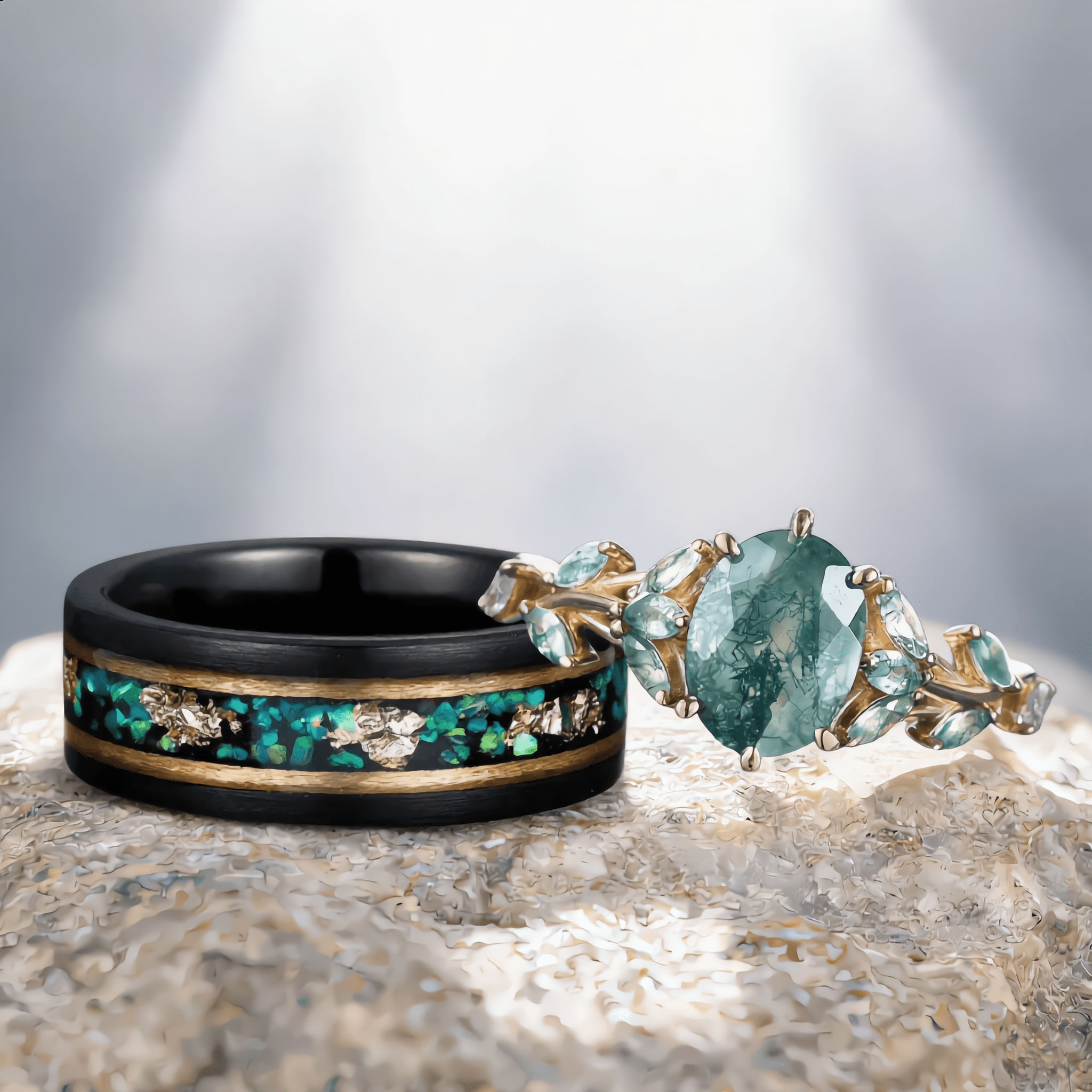 Unique Moss Agate Couple Rings Gold His & Her Matching Wedding Band Men's Tungsten Ring Leaf Design Engagement Ring - anerjuly