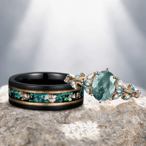 Unique Moss Agate Couple Rings Gold His & Her Matching Wedding Band Men's Tungsten Ring Leaf Design Engagement Ring - anerjuly