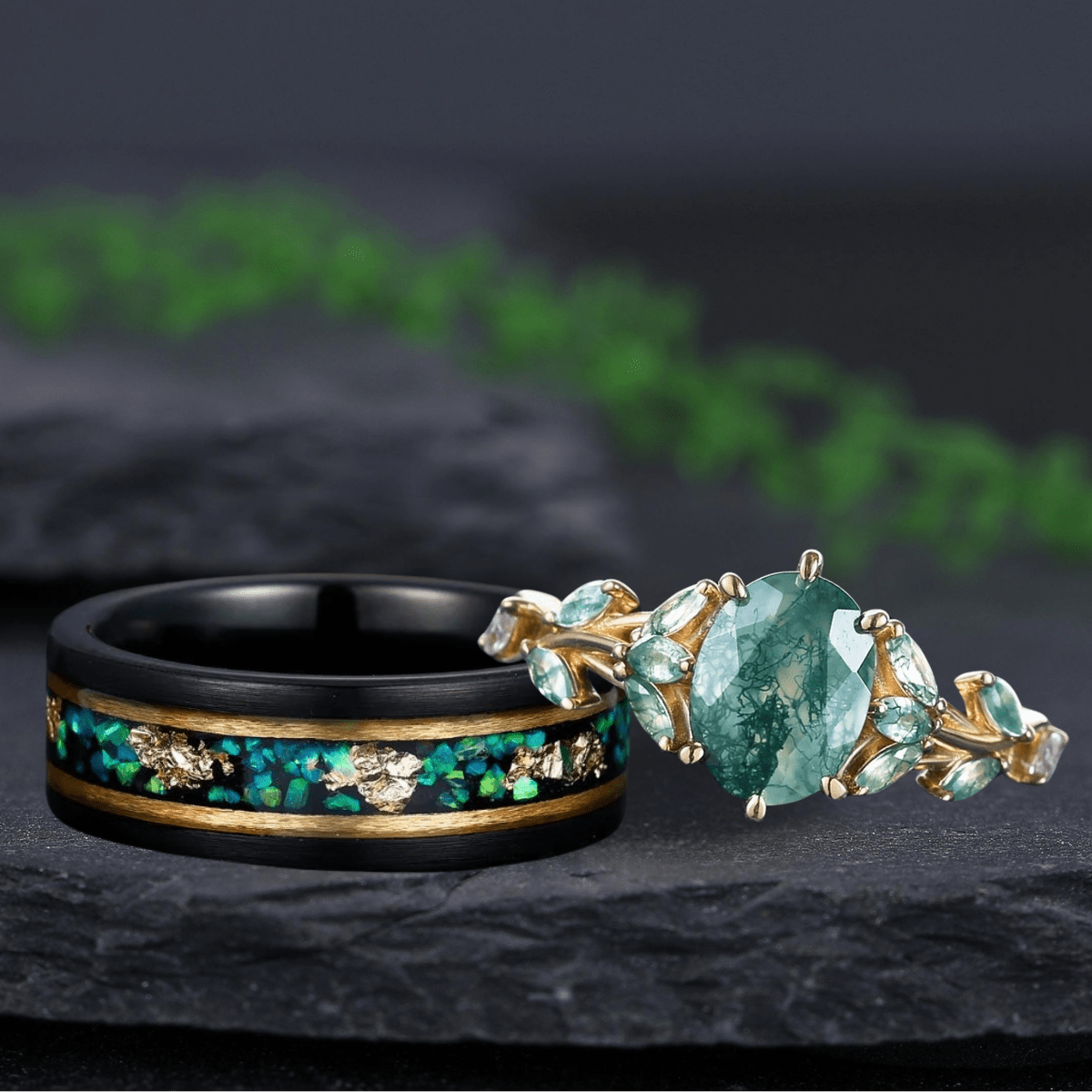 Unique Moss Agate Couple Rings Gold His & Her Matching Wedding Band Men's Tungsten Ring Leaf Design Engagement Ring - anerjuly