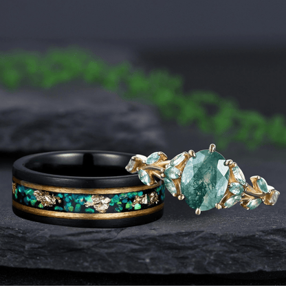 Unique Moss Agate Couple Rings Gold His & Her Matching Wedding Band Men's Tungsten Ring Leaf Design Engagement Ring - anerjuly