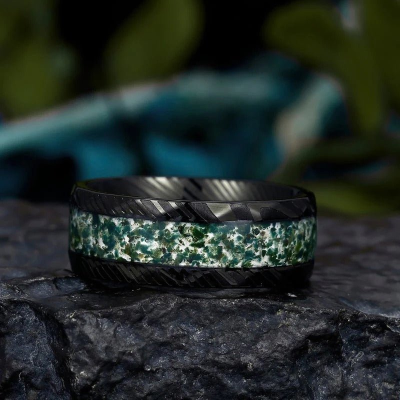 Unique Moss Agate Couple Rings Nature - Inspired His & Her Matching Wedding Band - anerjuly