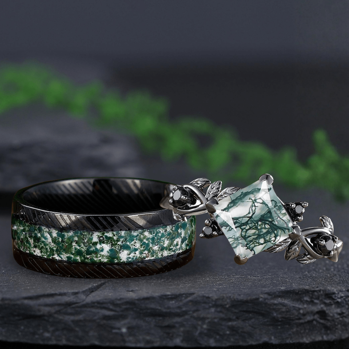 Unique Moss Agate Couple Rings Nature - Inspired His & Her Matching Wedding Band - anerjuly