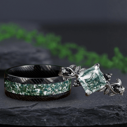 Unique Moss Agate Couple Rings Nature - Inspired His & Her Matching Wedding Band - anerjuly