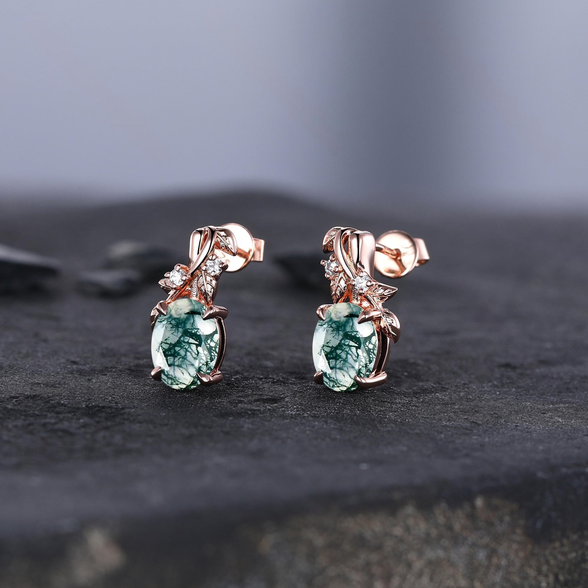 Unique Moss Agate Earrings, Art Deco Moissanite Diamond Delicate Dainty Earrings, Vintage Minimalist Women Gift Twisted Branch Earrings - anerjuly