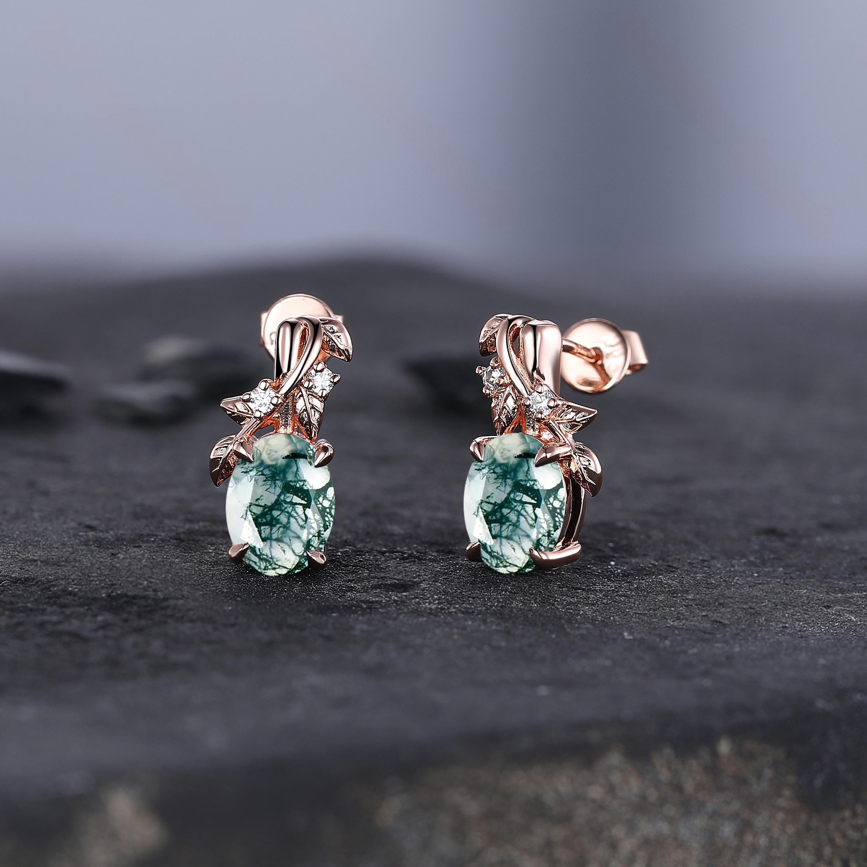 Unique Moss Agate Earrings, Art Deco Moissanite Diamond Delicate Dainty Earrings, Vintage Minimalist Women Gift Twisted Branch Earrings - anerjuly