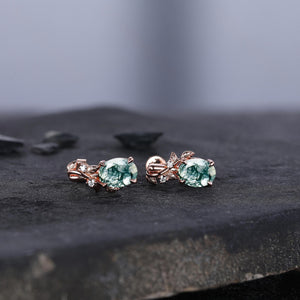 Unique Moss Agate Earrings, Art Deco Moissanite Diamond Delicate Dainty Earrings, Vintage Minimalist Women Gift Twisted Branch Earrings - anerjuly