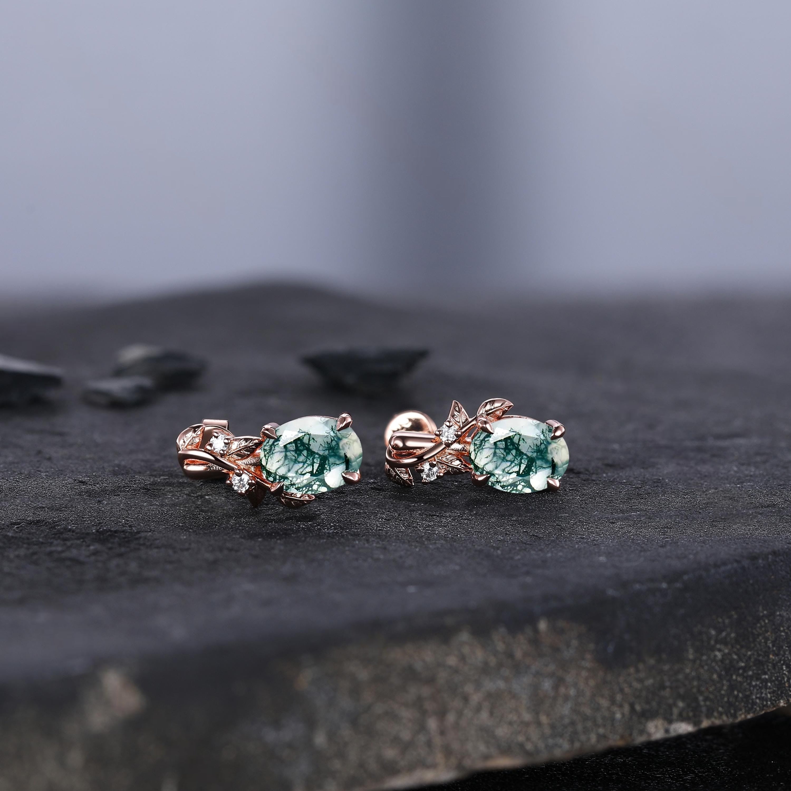 Unique Moss Agate Earrings, Art Deco Moissanite Diamond Delicate Dainty Earrings, Vintage Minimalist Women Gift Twisted Branch Earrings - anerjuly