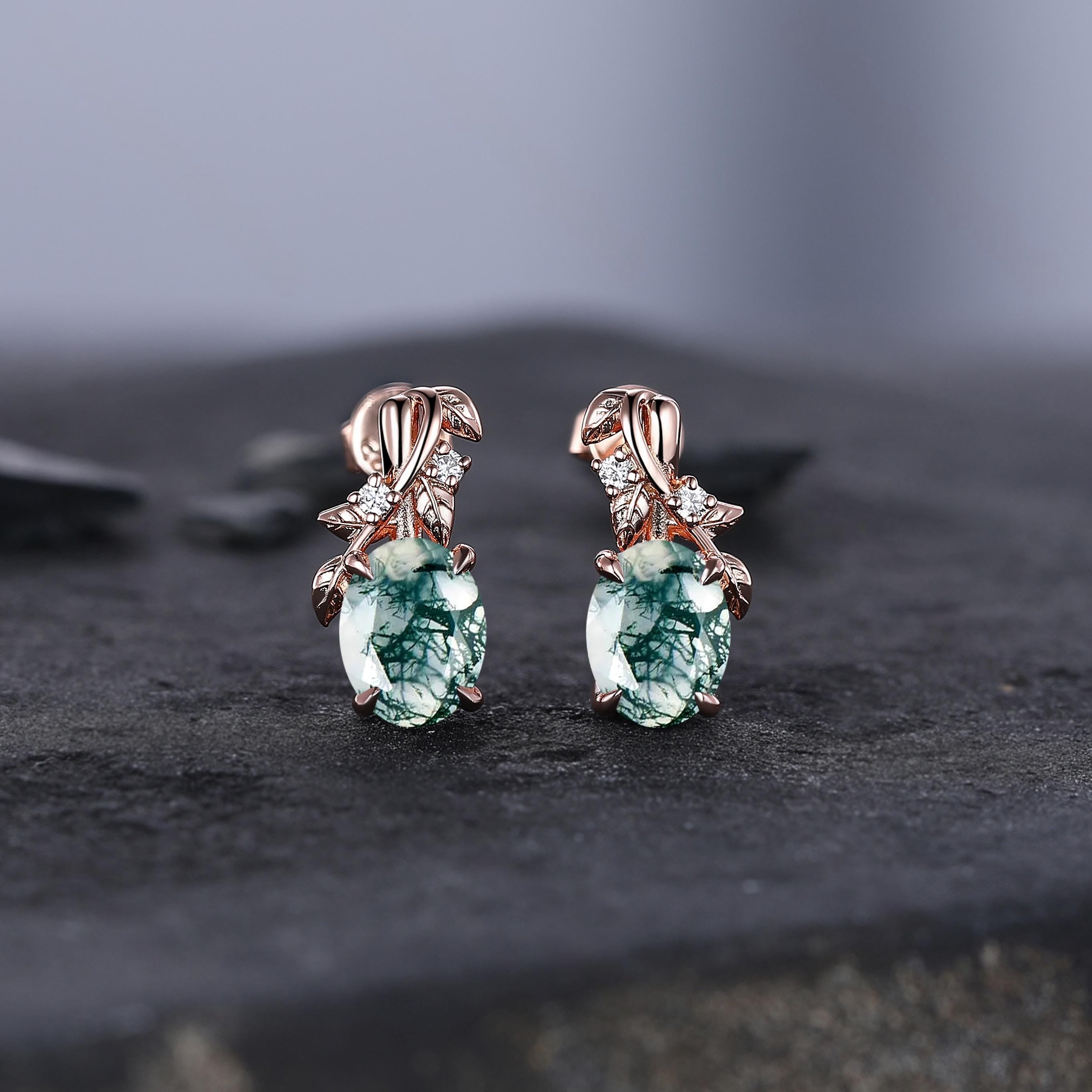 Unique Moss Agate Earrings, Art Deco Moissanite Diamond Delicate Dainty Earrings, Vintage Minimalist Women Gift Twisted Branch Earrings - anerjuly