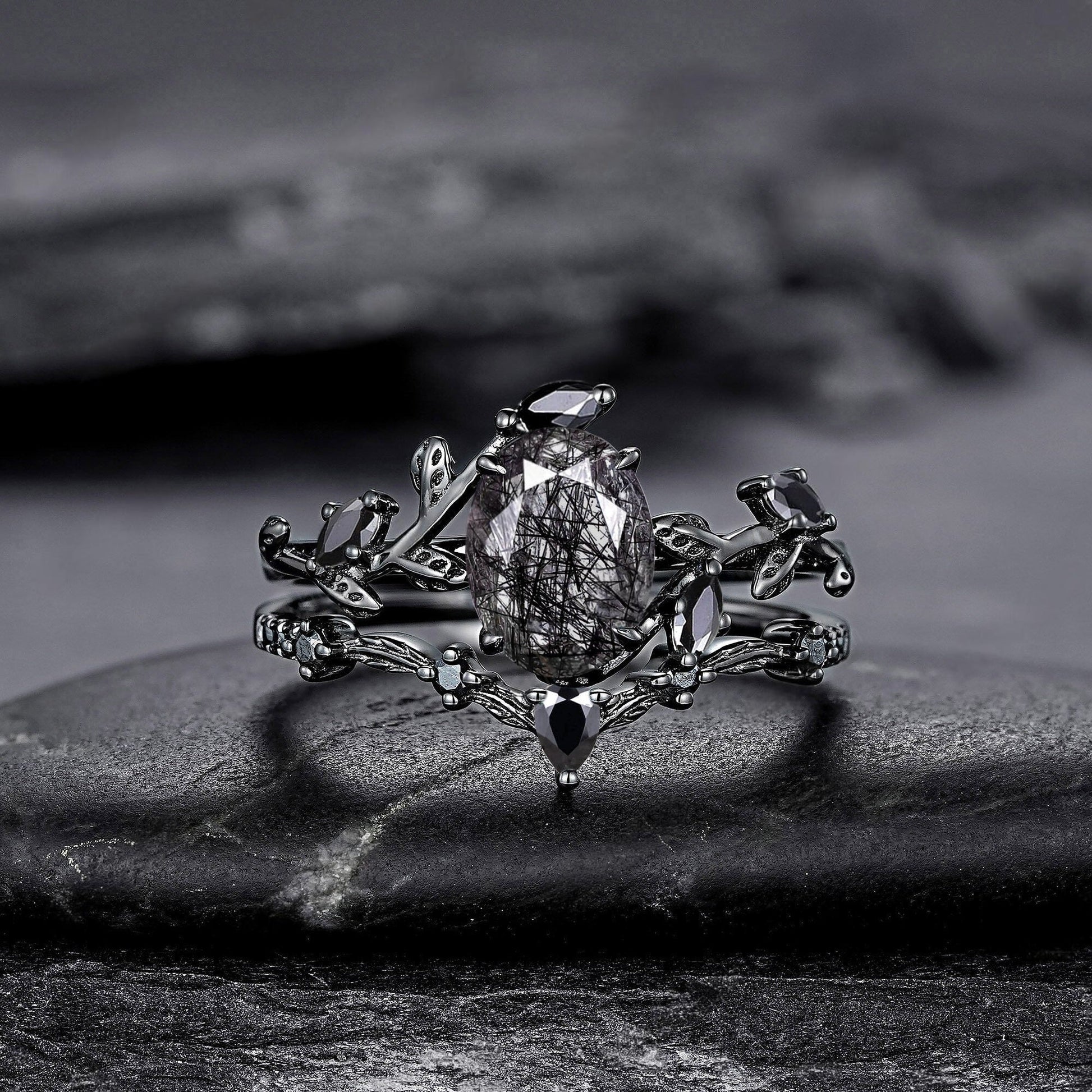 Unique Oval Cut Black Rutilated Quartz Engagement Ring Set Moissanite Cluster Wedding Ring Art Deco 925 Sterling Silver Ring - anerjuly