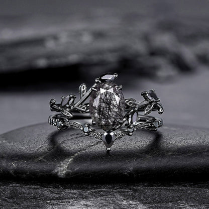 Unique Oval Cut Black Rutilated Quartz Engagement Ring Set Moissanite Cluster Wedding Ring Art Deco 925 Sterling Silver Ring - anerjuly