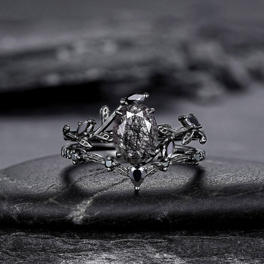 Unique Oval Cut Black Rutilated Quartz Engagement Ring Set Moissanite Cluster Wedding Ring Art Deco 925 Sterling Silver Ring - anerjuly