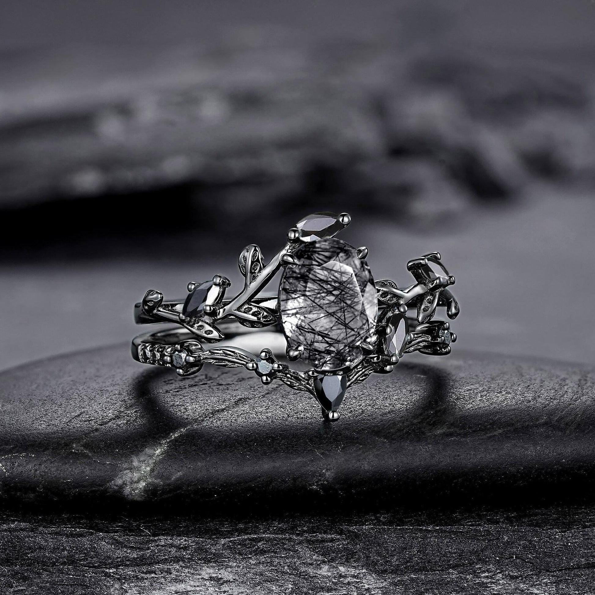Unique Oval Cut Black Rutilated Quartz Engagement Ring Set Moissanite Cluster Wedding Ring Art Deco 925 Sterling Silver Ring - anerjuly