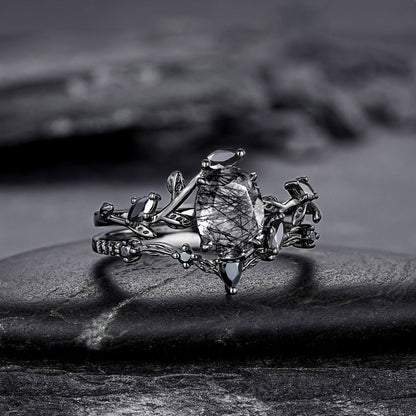 Unique Oval Cut Black Rutilated Quartz Engagement Ring Set Moissanite Cluster Wedding Ring Art Deco 925 Sterling Silver Ring - anerjuly