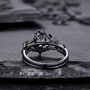 Unique Oval Cut Black Rutilated Quartz Engagement Ring Set Moissanite Cluster Wedding Ring Art Deco 925 Sterling Silver Ring - anerjuly