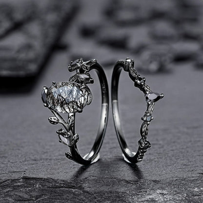 Unique Oval Cut Black Rutilated Quartz Engagement Ring Set Moissanite Cluster Wedding Ring Art Deco 925 Sterling Silver Ring - anerjuly