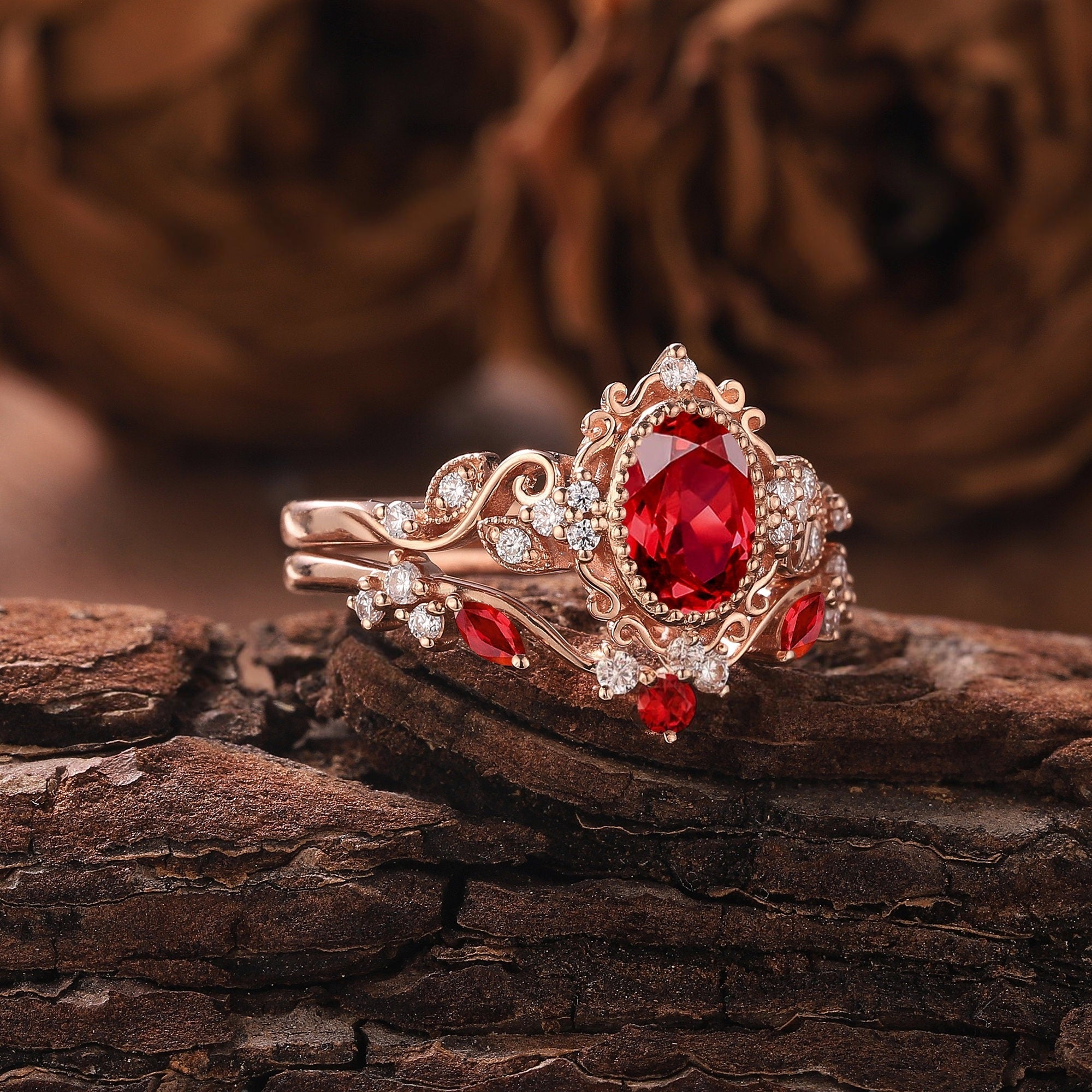 Unique Oval Cut Ruby Engagement Ring Set Solid Gold Floral RingRing Art Deco Leaf Ring Set Moissanite Ring Cluster Ring Promise Ring For Her - anerjuly