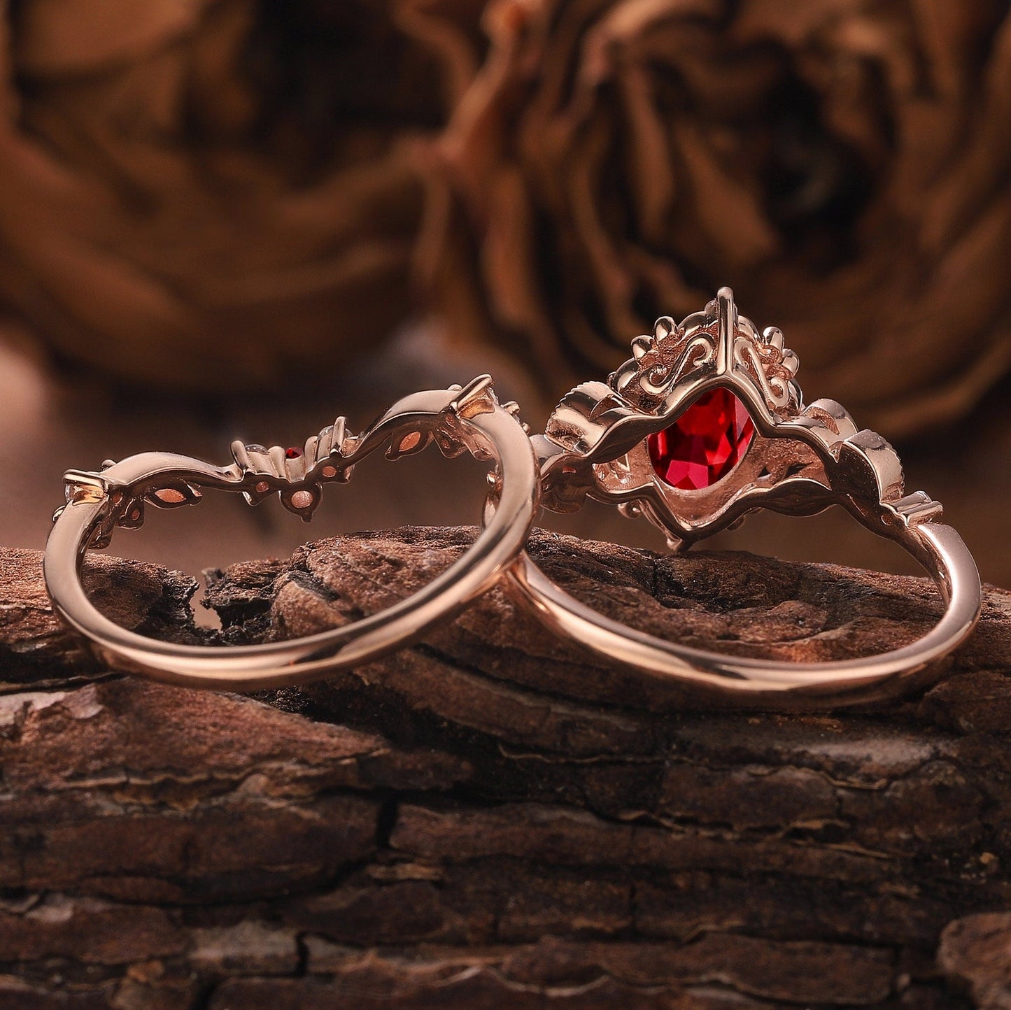Unique Oval Cut Ruby Engagement Ring Set Solid Gold Floral RingRing Art Deco Leaf Ring Set Moissanite Ring Cluster Ring Promise Ring For Her - anerjuly