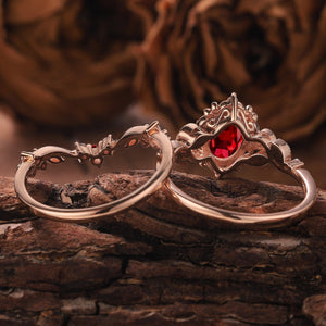 Unique Oval Cut Ruby Engagement Ring Set Solid Gold Floral RingRing Art Deco Leaf Ring Set Moissanite Ring Cluster Ring Promise Ring For Her - anerjuly