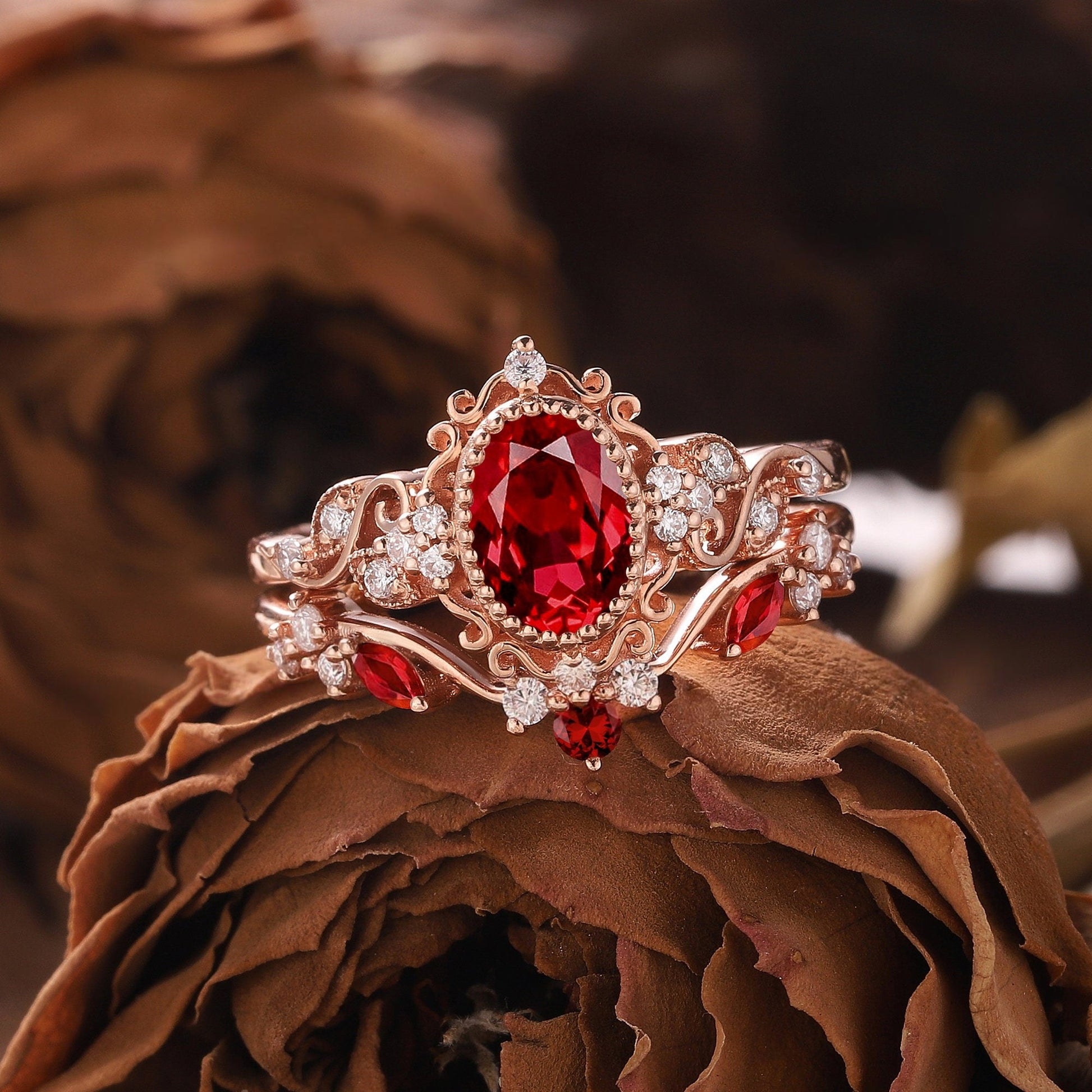 Unique Oval Cut Ruby Engagement Ring Set Solid Gold Floral RingRing Art Deco Leaf Ring Set Moissanite Ring Cluster Ring Promise Ring For Her - anerjuly