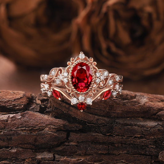 Unique Oval Cut Ruby Engagement Ring Set Solid Gold Floral RingRing Art Deco Leaf Ring Set Moissanite Ring Cluster Ring Promise Ring For Her - anerjuly