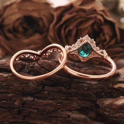 Unique Oval Emerald Engagement Ring Set Rose Gold Art Deco Emerald Bridal Set Vintage Pearl Ring Cluster Diamond Moissanite Rings For Women - anerjuly