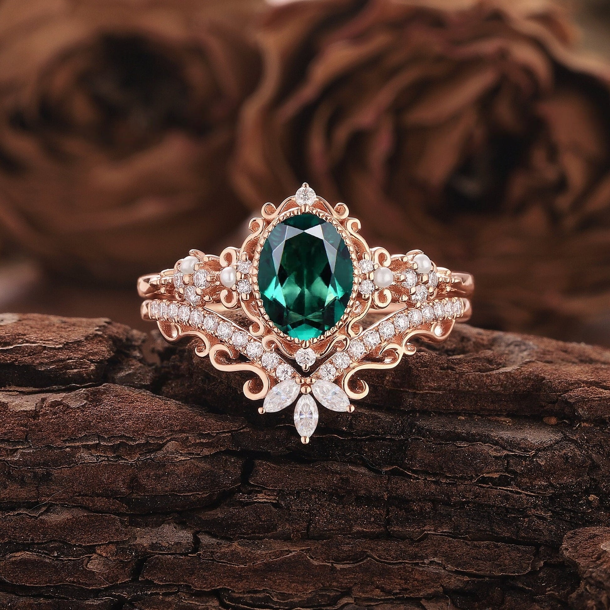 Unique Oval Emerald Engagement Ring Set Rose Gold Art Deco Emerald Bridal Set Vintage Pearl Ring Cluster Diamond Moissanite Rings For Women - anerjuly