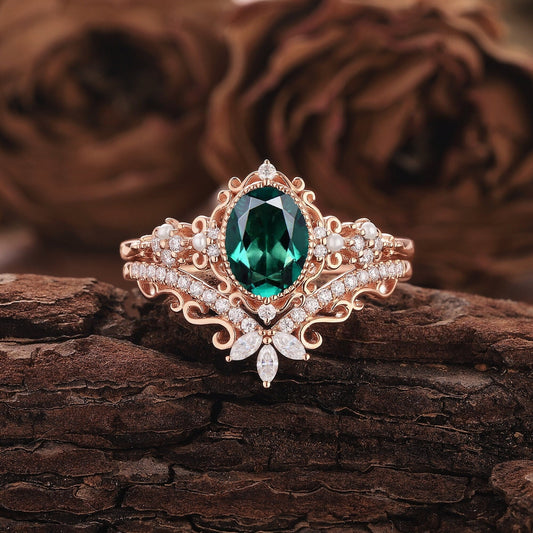 Unique Oval Emerald Engagement Ring Set Rose Gold Art Deco Emerald Bridal Set Vintage Pearl Ring Cluster Diamond Moissanite Rings For Women - anerjuly