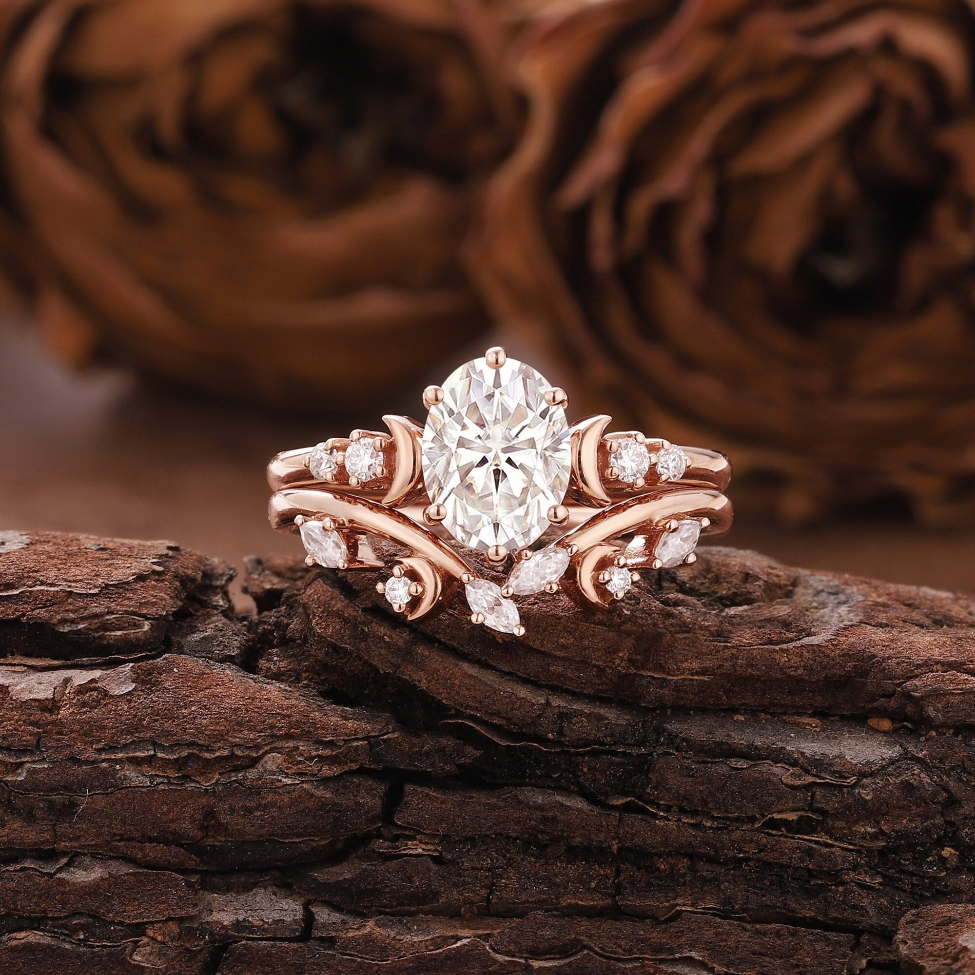 Unique Oval Moissanite Engagement Ring Set Rose Gold Moissanite Bridal Set Ring - anerjuly