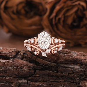 Unique Oval Moissanite Engagement Ring Set Rose Gold Moissanite Bridal Set Ring - anerjuly