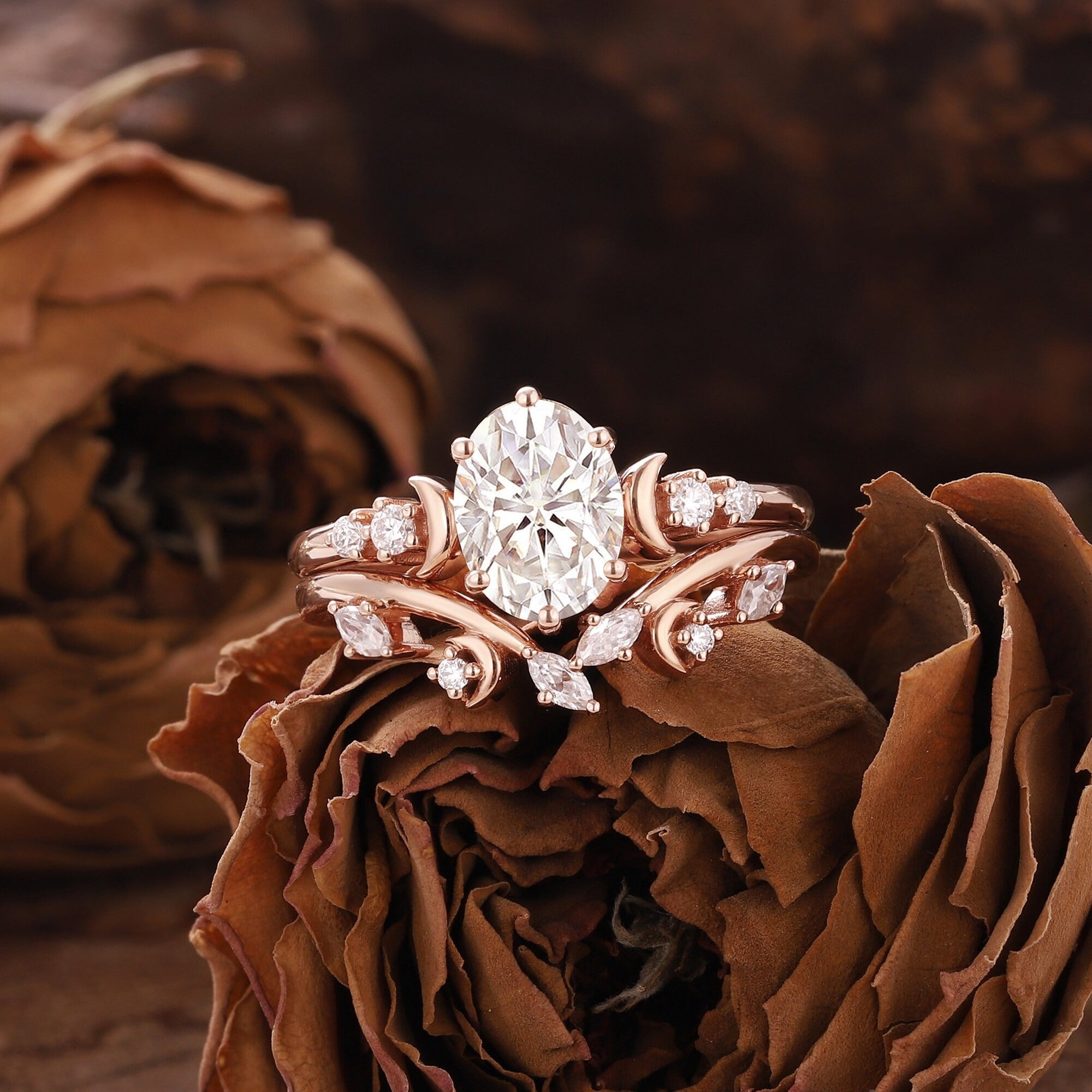 Unique Oval Moissanite Engagement Ring Set Rose Gold Moissanite Bridal Set Ring - anerjuly