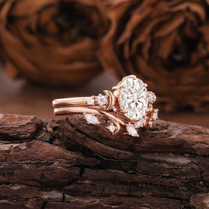 Unique Oval Moissanite Engagement Ring Set Rose Gold Moissanite Bridal Set Ring - anerjuly