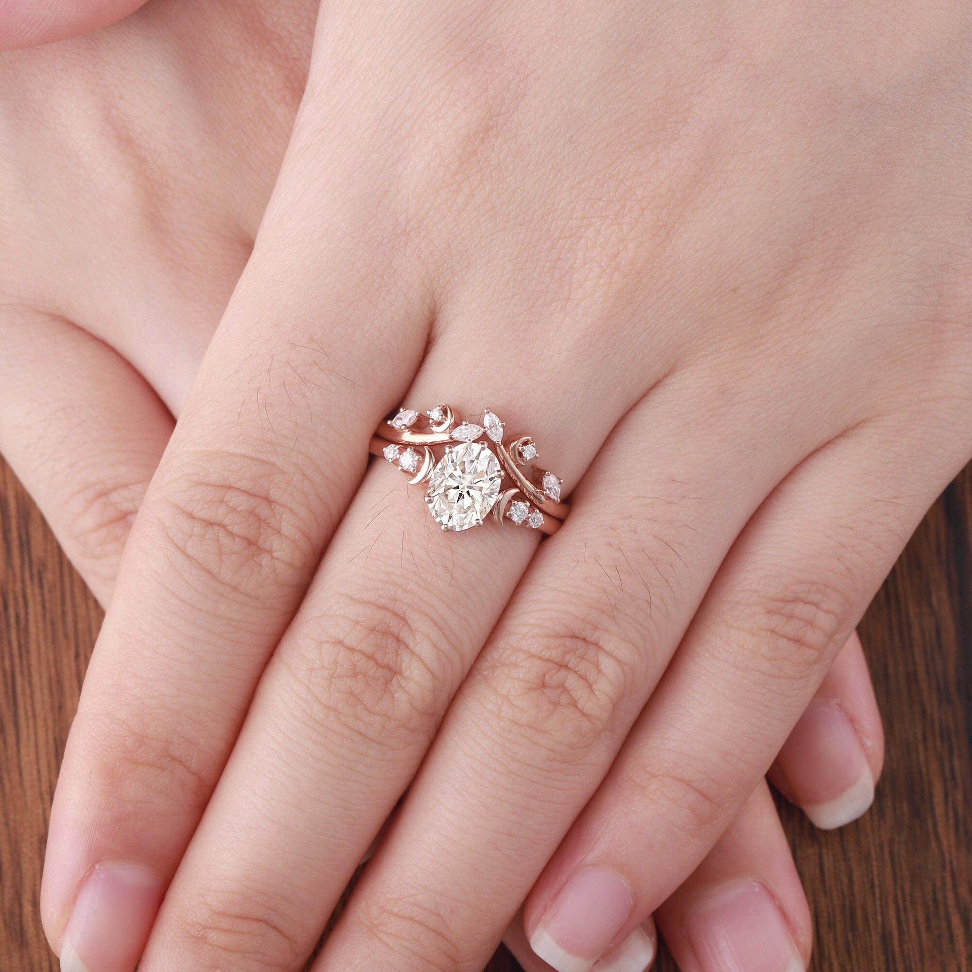 Unique Oval Moissanite Engagement Ring Set Rose Gold Moissanite Bridal Set Ring - anerjuly