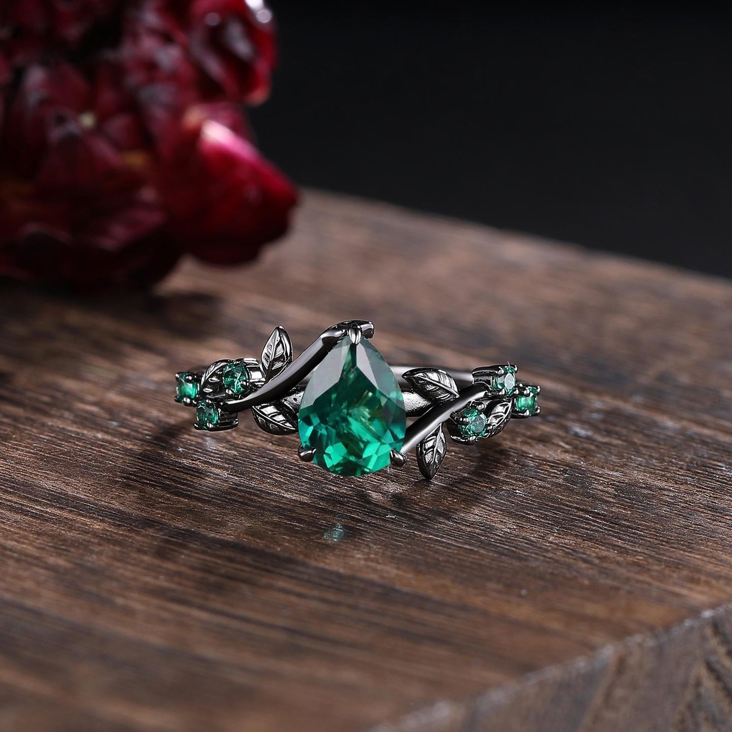 Unique Pear Emerald Couple Rings Gothic Black Gold His&Her Emerald Matching Wedding Band Men's Tungsten Ring Leaf Design Engagement Ring - anerjuly