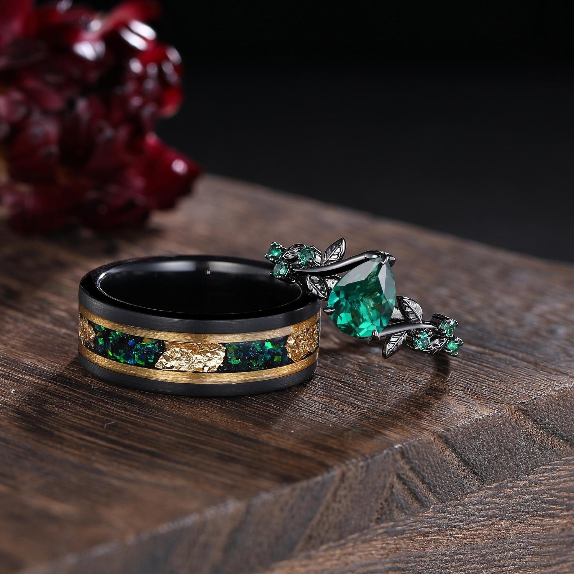 Unique Pear Emerald Couple Rings Gothic Black Gold His&Her Emerald Matching Wedding Band Men's Tungsten Ring Leaf Design Engagement Ring - anerjuly